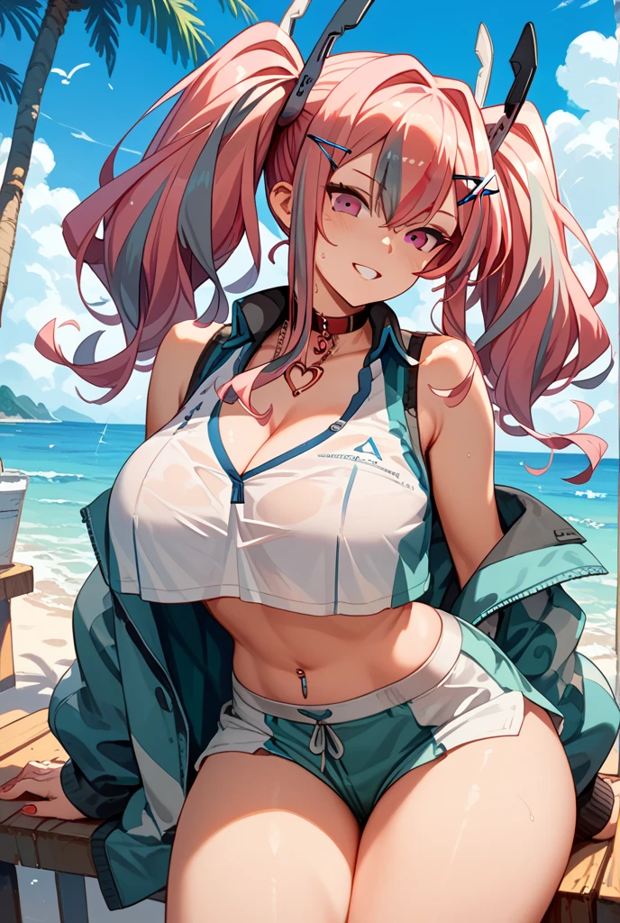 obra-prima, melhor qualidade, high_resolution, finamente detalhado, extremamente detalhado e bonito, distinct_image, 1 menina, solo, de baixo, olhos vermelhos, dragon horns, (seios enormes), (underboob), ao ar livre, plantas, botanic garden, shorts de golfinho, arms behind back