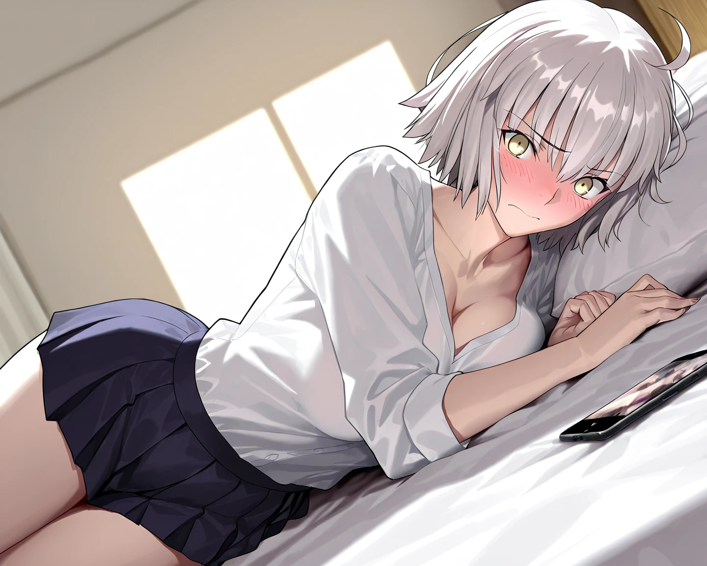 (Highest quality、Masterpiece、Very detailed、4K)、One Woman、17 years old、Silver Hair、short hair、(((beta)))、chest、arm、(Beautiful armpits)、(Beautiful navel)、Thighs、Beautiful face、(Sleeping in bed)、(Spread your legs)、((Completely naked))