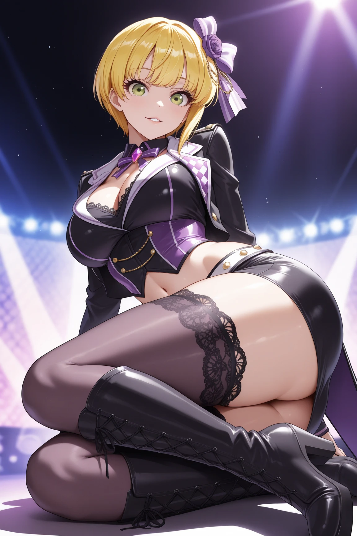 nsfw,Masterpiece、Cowboy Shot、One hand on hip、phsaber,Artoria、((Big Breasts))、(smile)、((Completely naked))、((vivid purple sexy high leg panties))、Calm expression、(((Close your mouth)))、((Inside the casino))、Shiny Skin、(Smile)、Vivid Green Eyes、Big eyes、Detailed eyes、Toned thighs、Around 30 years old、Above the knee socks、Glamorous Girl、Sexy pose、Five fingers、