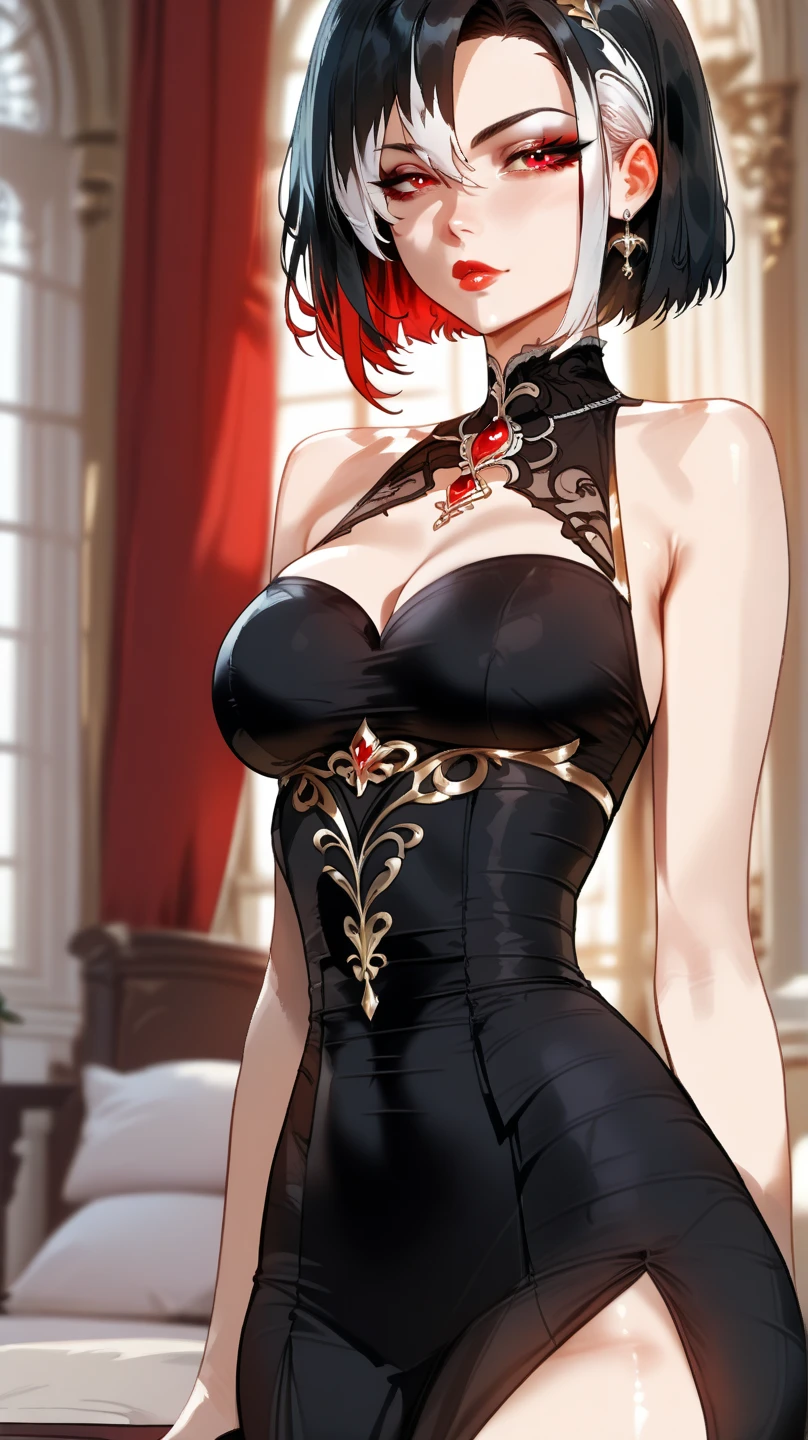 An amazing (close up) photo of ((Marie Mamiya), (red hair:1.05), hair ornament, lipstick, makeup, (mole under eye:0.9), choker, (yellow eyes:1.05), (wearing black dominatrixA:1.3), necklace, (Large Breasts:1.15), Cleavage, big ass, (small waist), (muscled), (perfect skin), (perfect face), (beautiful skin), (beautiful face), (seductive face), sfw:1.3), ((indoors, in a bedroom)), (looking at the viewer:1.3), (masterpiece:1.2) (best quality) (detailed) (intricate) (8k) (HDR) (wallpaper) (cinematic lighting) (sharp focus)
<lora:MarieMamiya:0.7>
<lyco:DominatrixA:0.3>