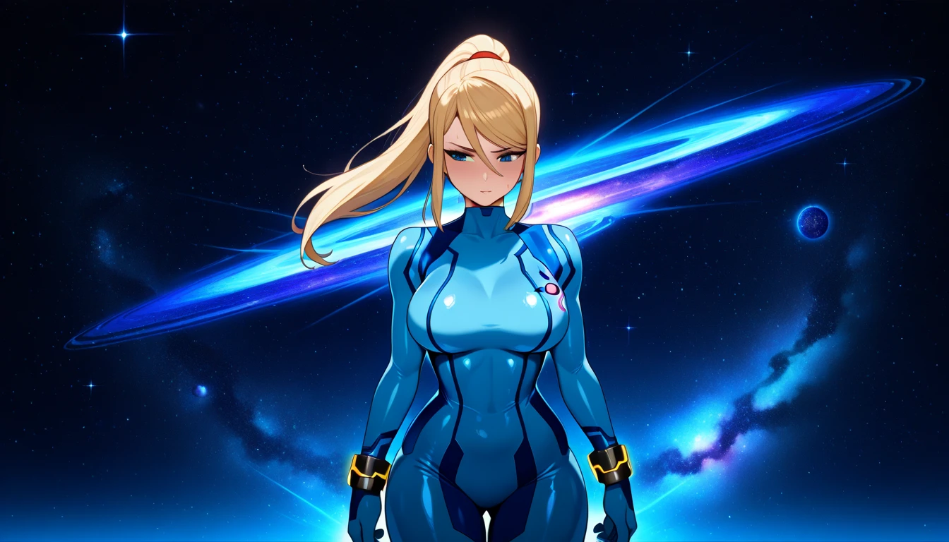 masterpiece, best quality, incarnate details, 8k, uhd, perfect skin, samus aran, ponytail, hair tie, blue gloves, blue bodysuit, (mature female:1.2), background spacecraft,  <lora:samus-nvwls-v1:0.8>