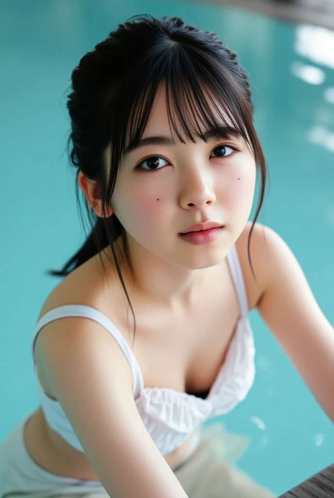 (8k, Photorealistic, RAW Photos, Best image quality: 1.4), Japanese schoolgirl、Super detailed face、Eye on the details、double eyelid、Sharp focus:1.2、Beautiful woman:1.4、Light brown hair、Highest quality、masterpiece、Ultra-high resolution、(Photorealistic:1.4)、Highly detailed and professionally lit smiles、(Micro Bikini:1.5)、blush、Watery eye、amount、erect nipples、slouch、Cleavage、Small breasts、Twin tails、Poolside、surprise、Soft and fluffy