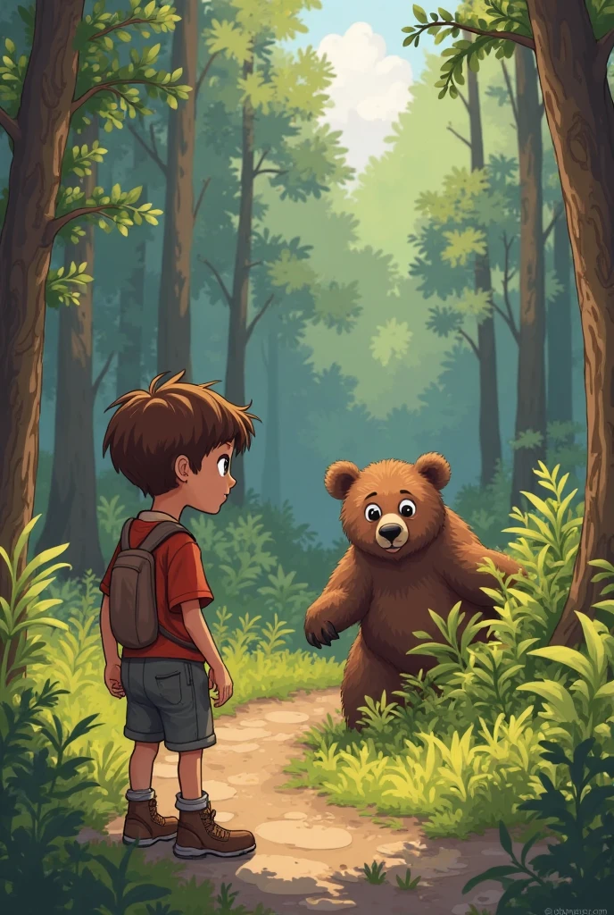 In the style of viral cartoon digital illustration in 4K quality, Rahul and Mohan went for a walk in the jungle. Then suddenly in front of them a bear appeared! Rahul and Mohan get scared and climb the tree.