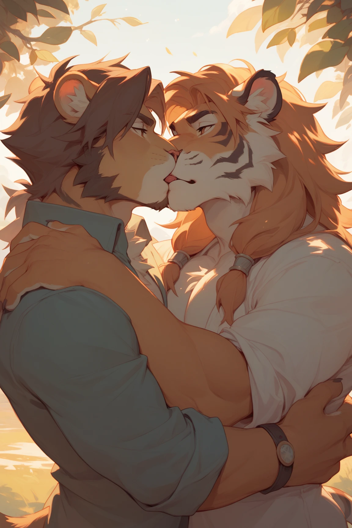 A two (tigers), (hugging) (cuddling) (cute gay couple) (anime) (white skin:1.5) (anthro, male cute, barazoku, anime, by lindong, by littleblackalas, (kemono, bara), anime, shadows, smooth skin, masterpiece, best quality, by (by Pino Daeni, (by ruaidri), yupa, kiyosan), (starbuck), by (darkgem), (chunie), (null ghos), (narse), (safe for work) (Stretching with arm up:1.0) (white background) (closed eyes)