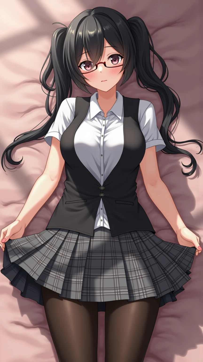 Long haired black-haired girl wearing white panties with ribbon that opened legs and cut into crotch, Moriman, crab crotch, sheer areola, legs open at M, taken from below, butt meat, panties that bite in, buttocks visible,, brown eyes, glaring, watery eyes, frightened face, beautiful woman, lying on bed, realistic, masterpiece, high quality, school uniform, skirt, dark blue skirt, shirt, white shirt, legs, White socks
