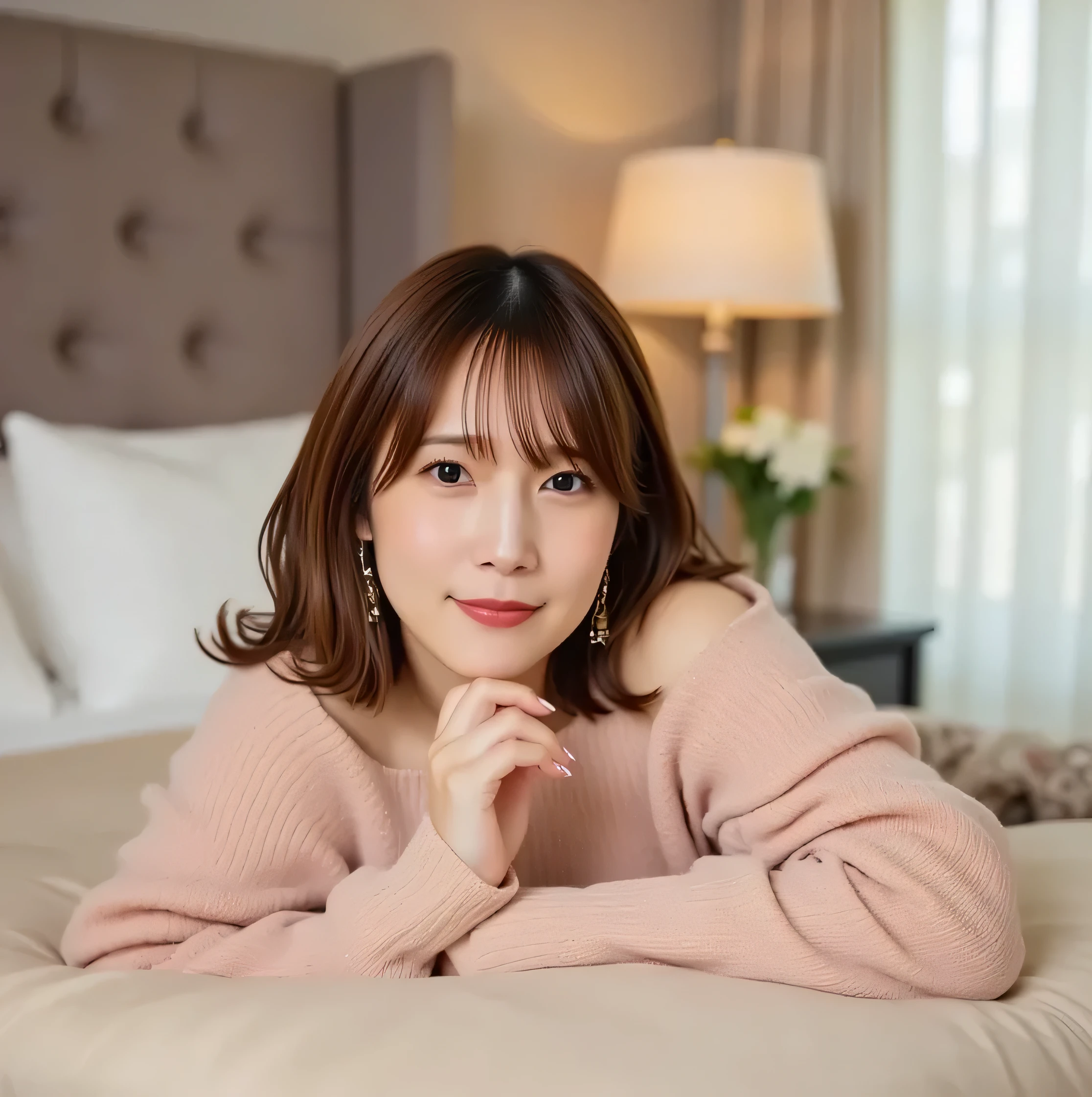 Watch Viewers, (Lola:Uchida Mari ) (8K)()(1 person,solo)(1 personの写真)(pink lipstick)()()()(Off Shoulder Sweater 1 :2)()(hotel)(Big Beautiful Breasts 1:2)(Lie face down on the bed)