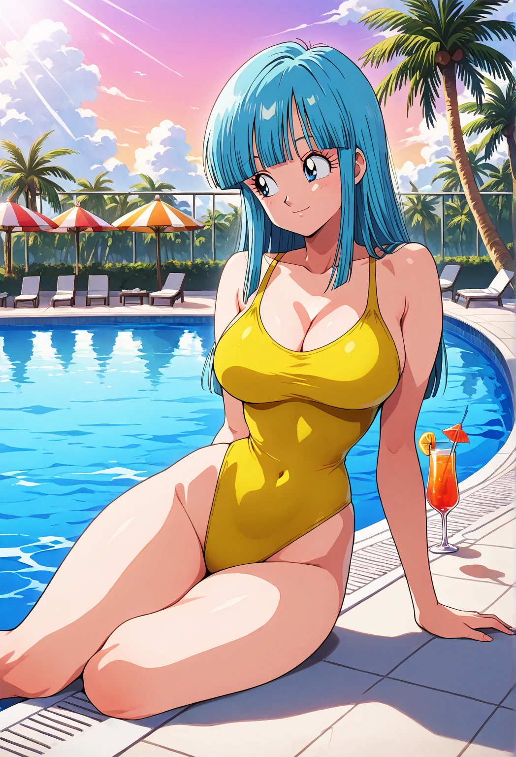 ((perfectly standing at front)), highres, best quality, masterpiece, 8kdefinition, gorgeous girl standing into ocean, ((lovely smile, open mouth)), ((blushing face)), large blue eyes, busty, ((long straight light-blue hair, fringes)), ((yellow one-piece swimsuit)), cameltoe, perfect body, ((close-up picture)), ocean and sky background