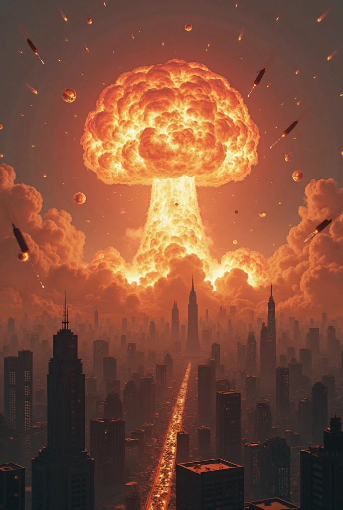a huge nuclear explosion, manhattan, chaos, panic, epic realistic, faded, neutral colors, (hdr), ((((muted colors)))), (intricate), artstation, hyperdetailed, cinematic, warm lights, dramatic light, intricate details, complex background, dark