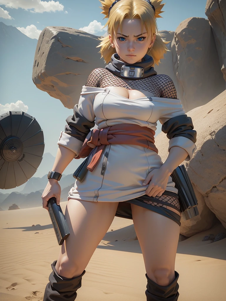 ((masterpiece, best quality, cinematic, photorealistic, ultra-detailed)), ((medium shot:1.5)), ((perfect anatomy, perfect eyes, perfect hands, large cleavage, round legs, round ass)), ((alluring girl kunoichi)), ((sandy blonde hair, pulled back into a tight bun, with a few loose strands falling around her face)), ((a beige and sand-colored ninja robe:1.2)), ((snake-shaped arm guards, a desert-themed headband, and a belt with hidden compartments)), ((dynamic background:1.3)), ((sensual pose))