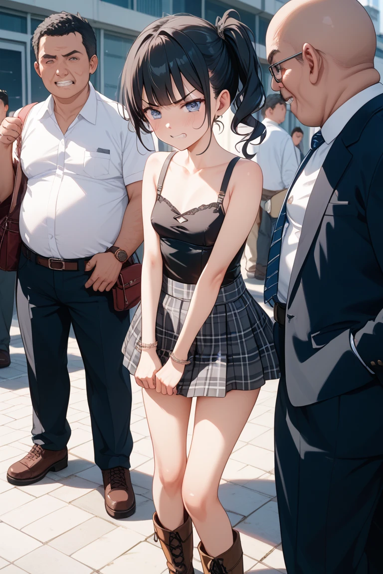 (((medium breasts))), ((best quality)), ((masterpiece)), (detailed), (((perfect face))), (((slender 16yo teenage girl walking on sidewalk))), (((((topless))))), (((dark blue pleated skirt))), ((brunette, dark brown hair)), ((short ponytail)), (((blue eyes))), ((shy:1.3)), ((blushing:1.5)), ((skinny thighs)), ((skinny hips)), (((bare legs))), (((standing in fancy interior school corridor))), (((topless))), (((bare arms))), (((bare shoulders))), (((bare stomach))), (((wearing blue sneakers))), (((crowd of teens in suits)))