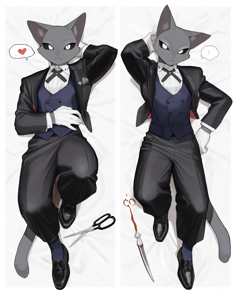 Highest quality, Highest quality, High quality illustrations, masterpiece, Ultra-high resolution, Detailed Background, room, On the bed, Absurd, Perfect Anatomy, Performance, Good lighting, Shadows in the movie(kemono, Furry Personification), Rubber suit, Rubber Suit, latex, Earrings, Bunny Suit, cat, male