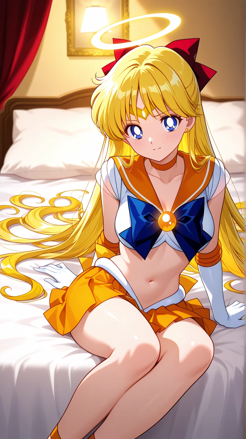 obra maestra, Mejor calidad, high resolution, Venus1, 1 chica, Solo, Uniforme Marinero Senshi, Venus marinera, Aino Minako, pelo rubio, magical girl, ojos azules, falda naranja, Guantes hasta el codo, tiara, falda plisada, Lazo para el cabello, Collar marinero naranja, mini falda, gargantilla, Arco rojo, orange gargantilla, guantes blancos, cabello muy largo, joyas, pendientes, acostada de lado en una cama, mostrando su culo, with a small white thong, muy sexy , buen culo.