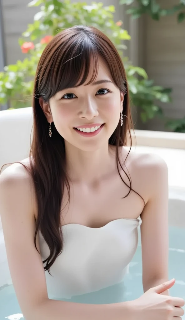 A beautiful bride wearing a pure white cape and wedding long flared dress is smiling shyly with her hand on her cheek in the chapel by the pool,(((Tuck your chin and smile with your eyes up))),Full-body aerial photography,best image quality,professional angle of view,Exceptional detail,Super high resolution,realistic:1.4),high detail,focus on details,1girl concentrated in high concentration,beautiful chestnut hair,Beautiful face with a delicate and high nose,Long limbs and slim waist like a model,White Pin Heels,A smile with raised eyebrows and corners of the mouth,