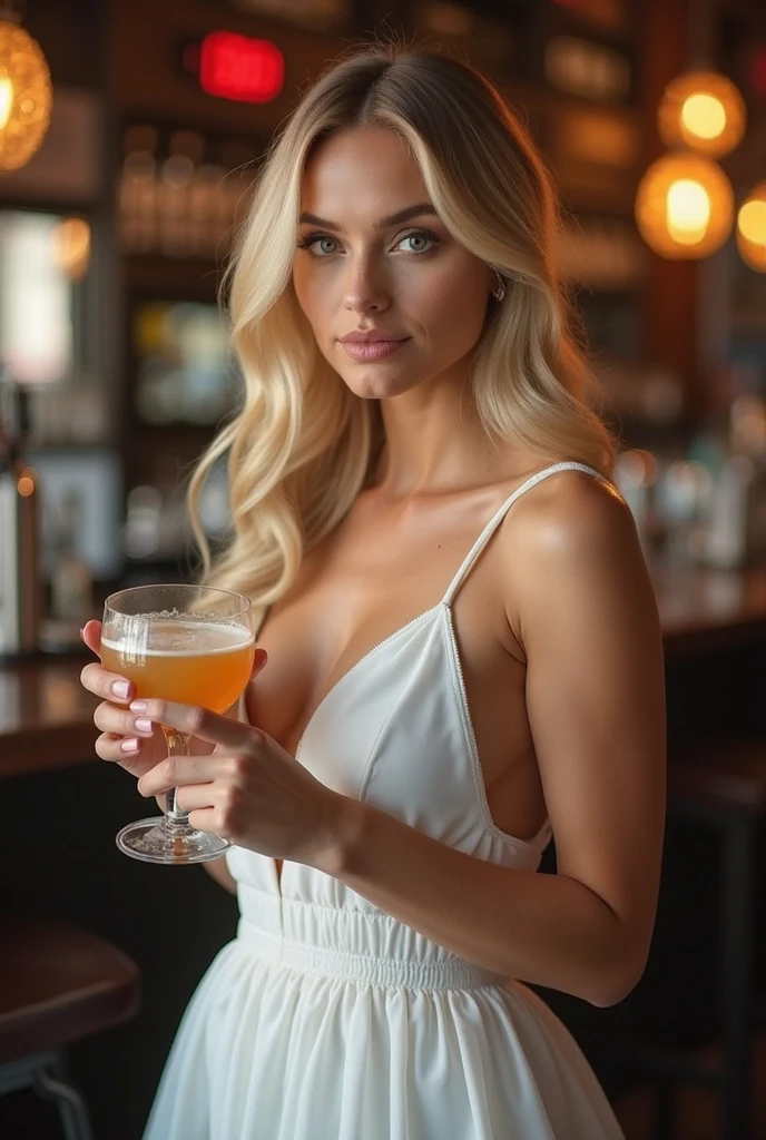 Blonde woman in a night club, butifull white dress, drink, energetic, calm