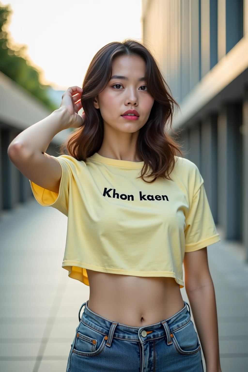 Create a dynamic urban portrait of the Malay woman in contemporary streetwear, very short white pixie cut hair, big breast, wide hips, big ass, thick thighs, capturing her confidence and style as she strikes a pose against the backdrop of a bustling city street
