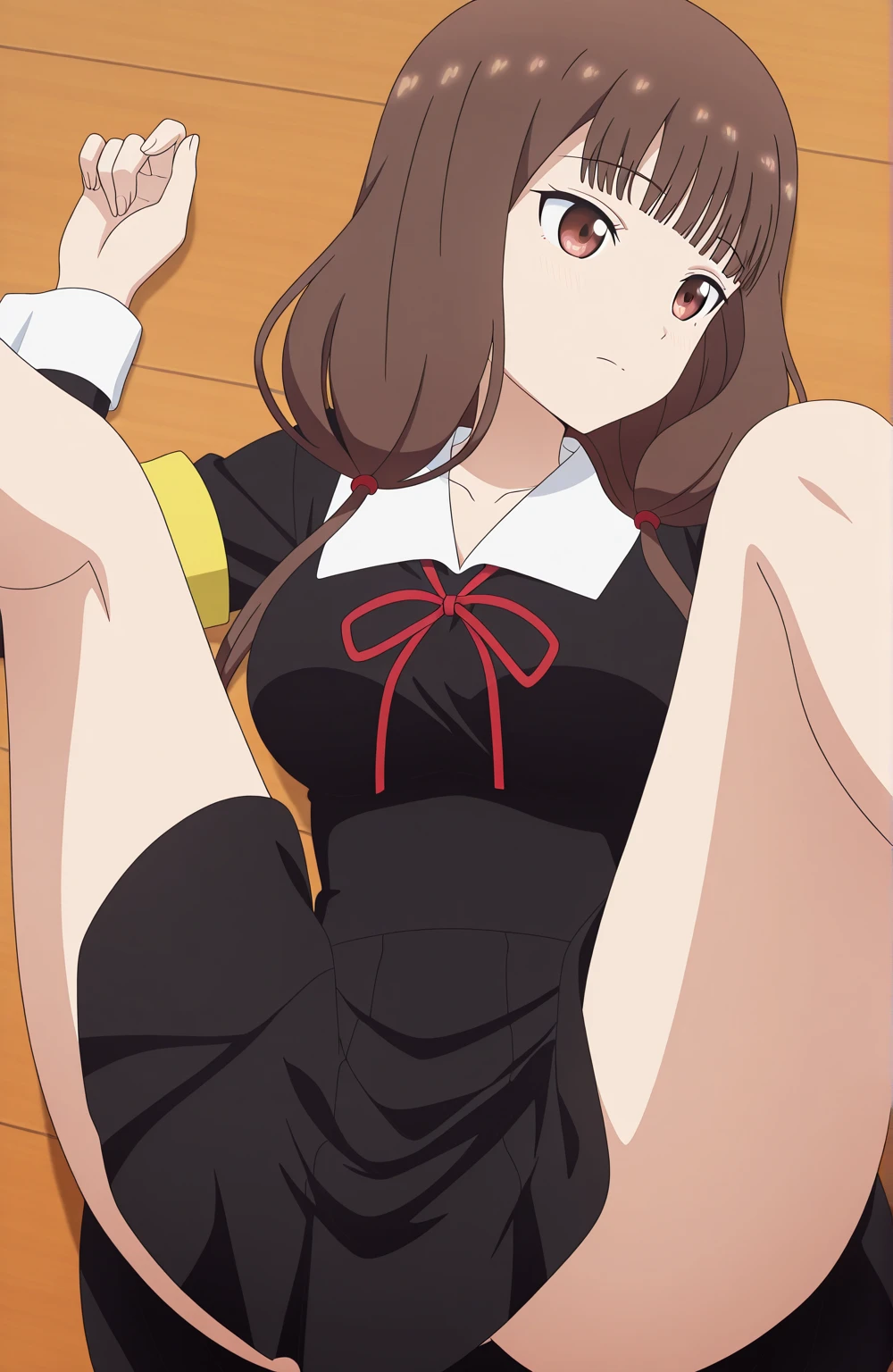 she has past shoulder length brown hair with bangs tied up in a ponytail, brown eyes, very fair skin, she is beaultiful, anime, at home lying on the sofa, black bunny suit, small breasts and ass