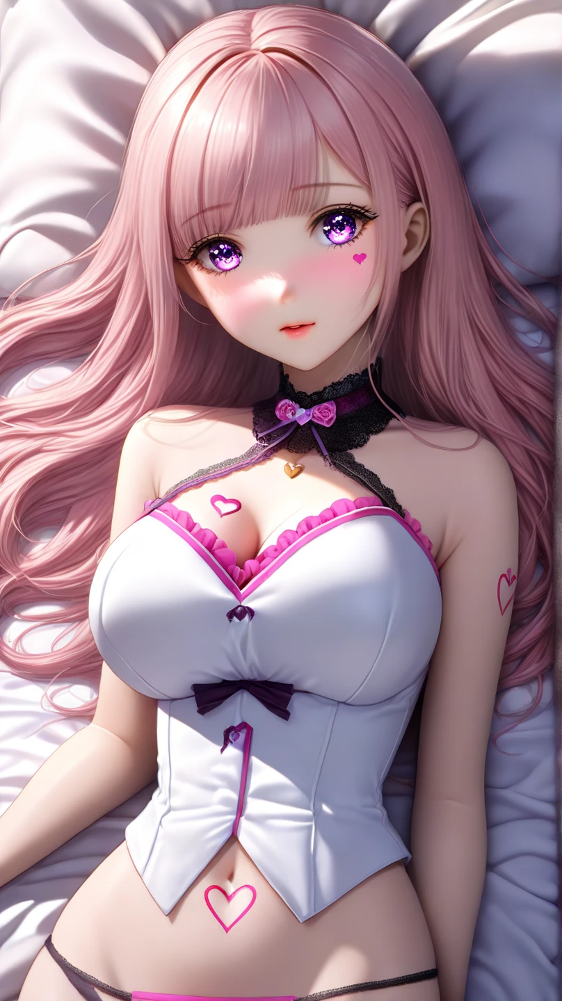 big lips, pink hair, pink eyes, japanese face, gyaru, huge breasts, wide hips, sexy, pink theme,detailed, decora, bangs, grin,, horns, cute succubus, small succubus wings, winking, nicole demara, twin tails,, nicole zzz, zenless zone zero, from below, perfect angle, HD quality, 8k, green eyes, loser hand sign, loser, L, perfect hands, on the bed, adorable plushie filled bedroom