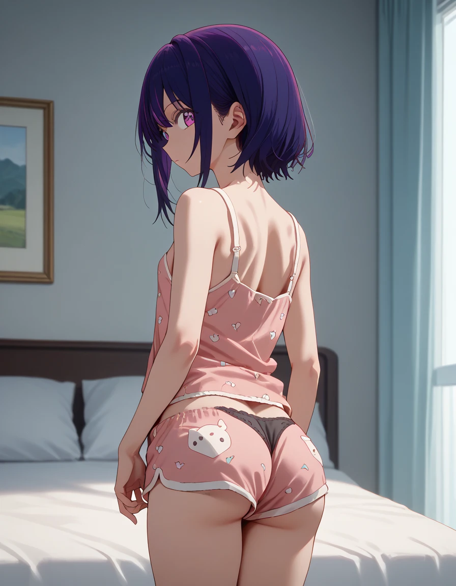masterpeace, best quality, (lingerie), vibrant colors, Volumetric Lighting, Best Shadows, Shallow Depth of Field, (Highest Quality, Amazing Details:1.25), Brilliant Colorful Paintings, small breasts, magazine text, blurry background, two tone hair, room, backlight, profile, from behind, feet out of frame, dated text,