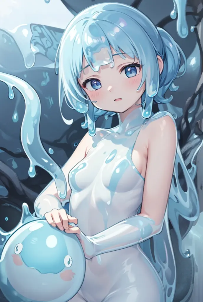 Againm,Again:zero,blue hair,short hair,masterpiece, highest quality, Super detailed ,1 girl , (Luminescent translucent body ,slime body,Toro Toro,Mushy,Liquid body,半Liquid body),half naked,
forest,
bob cut,big breasts,