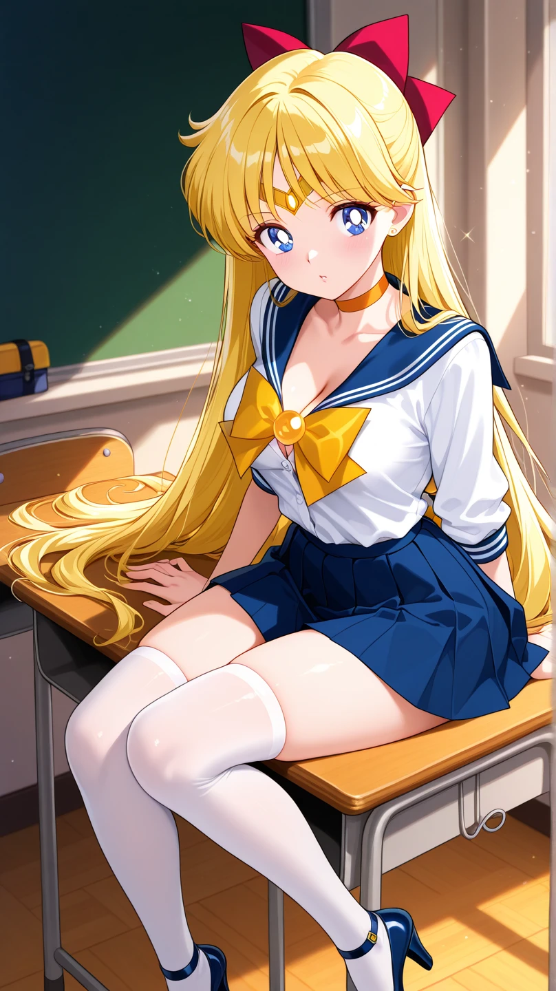 masterpiece, Highest quality, High resolution, Venus 1, One girl, alone, Sailor Warrior Uniforms, Sailor Venus, aino minako, Blonde, Magical girl, blue eyes, Orange Skirt, Elbow hand pockets, tiara, Pleated skirt, Hair Ribbon, Orange sailor collar, mini skirt, choker, Red Bow, orange choker, White gloves, Very long hair,  jewelry,  Earrings, Sitting, Legs are M-shaped legs,The background is a school classroom,smile、The color of the pants he is wearing is white