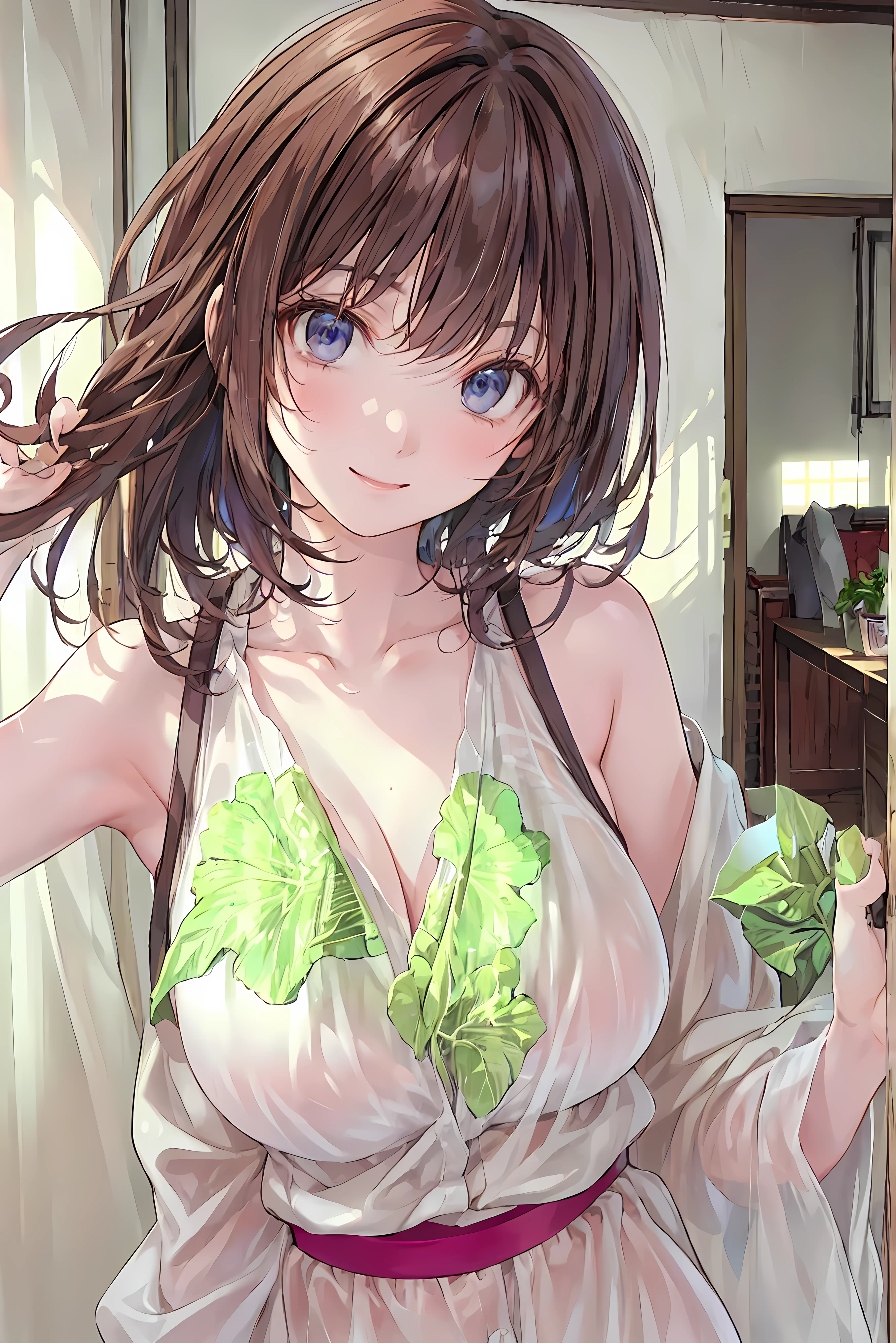 An ultra high definition, masterpiece of Nabiki Tendo (short brown hair) (slender body) wearing (daisy dkes) and a (cropped and low-cut tanktop). BREAK, bending over (downblouse) in a sexy pose.