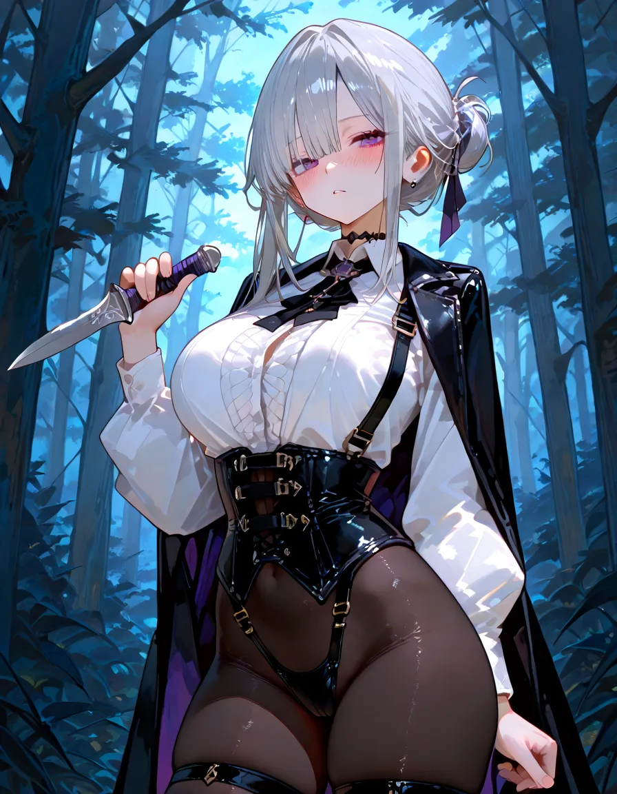 ((blood droplets)), ((blood)), ((blood splatter)), ((blood on clothes)), ((blood stain)), Masterpiece, Beautiful art, professional artist, 8k, detailed body, Very detailed face, very detailed eyes, Detailed clothing, detailed fabric, Best Quality, better resolution, 1 girl, bronya zaychik \(Honkai Impact 3rd\), front view, standing, big breasts, serious expression, At night , short silver hair, , choker:1.6, (white collar button down long sleeve shirt), (shiny black corset), black gloves that cover your hands, (holds an ax with his right hand), (shiny black leggings), evening de invierno, Dark road, dark forest, evening, Atmosphere, fog