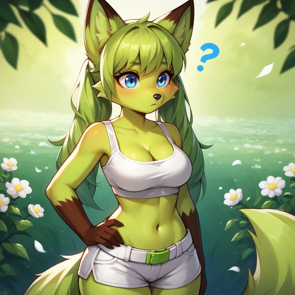 (American), (hands behind the back), furry, green  fur, super cute face, detail elements on fur, topless, nude, black panties, nipples, canine breasts, small breasts, white canine pussy poking between panties, beautiful lights and shadows, ambient light, super fine fur, volumetric light
