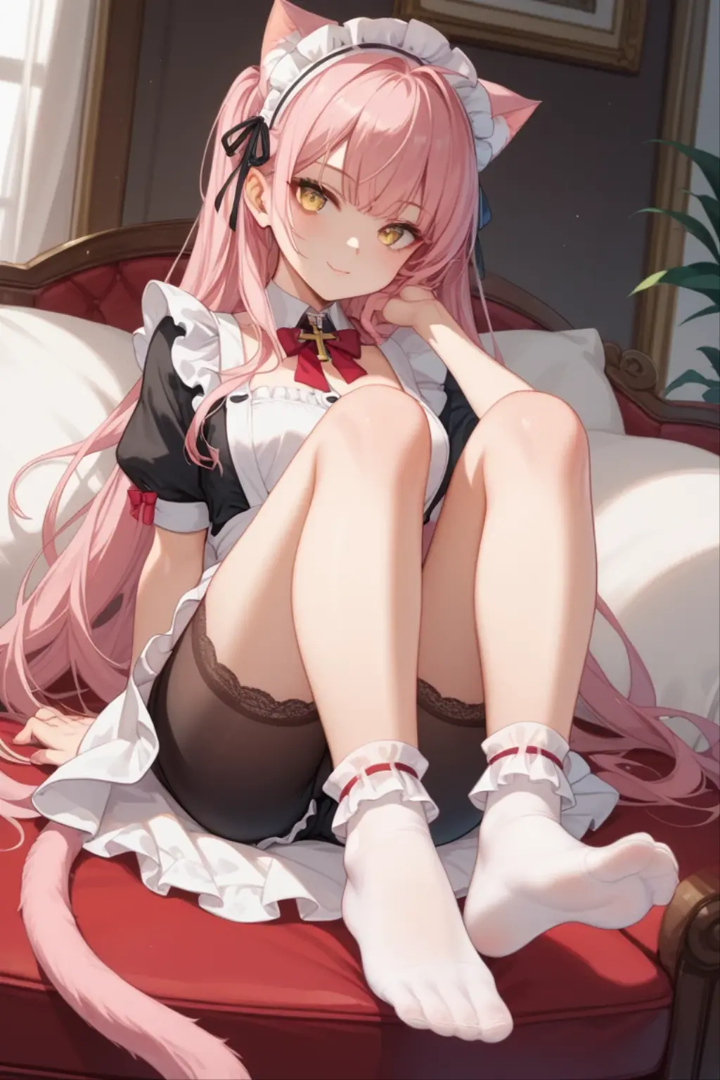 Girl with pink hair, long double-tailed hairstyle, ((small pink bushy eyebrows)), dressed in lolita clothing, marked vagina, lolicon (Zankuro) drawing style by zankuro artist, Zancro style, image uploaded to R34, looking at the camera with a flirtatious smile, modeling in a restaurant full of people, male pov, (panties pulling, self-pulling, pink panties:1.1 panties pulled to knees) , she pulling her dress to cover her crotch, no visible vagina
