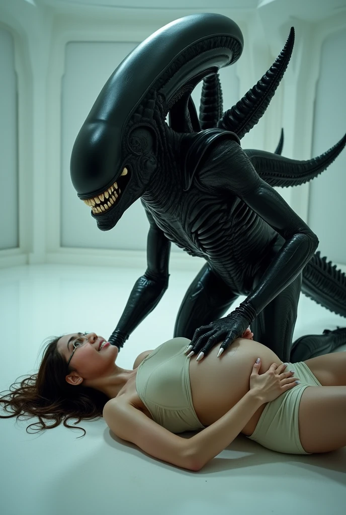 giant  grey xenomorph  monster carries  faint limp  topless beautiful horny aroused pregnant  white  thong horny aroused elllen Ripley in his arms embrace cuddling  nsfw kissing 