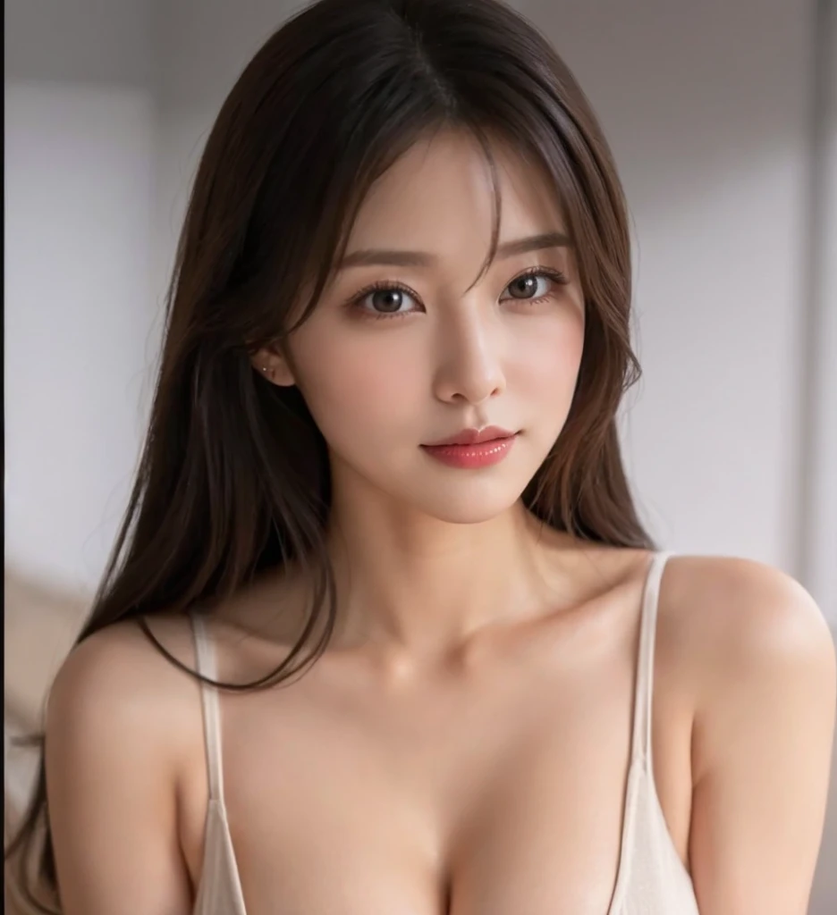 (lifelike, High resolution:1.3), 1 Girl with perfect body, very detailed face and eyes,long hair, random color tank top:1.2, short jeans, big ,Information that exposes cleavage