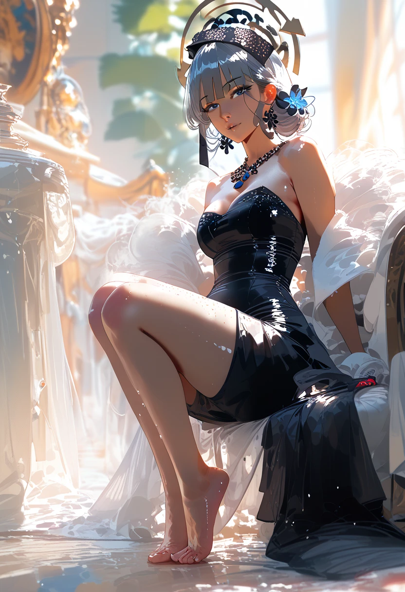 a mature woman with extremely short white hair, wearing a long white skirt, long facial features, long face shape, high heels, (best quality,4k,8k,highres,masterpiece:1.2),ultra-detailed,(realistic,photorealistic,photo-realistic:1.37),detailed facial features,detailed skin texture,detailed clothing folds,cinematic lighting,dramatic lighting,warm color tones,elegant,photographic,intricate details