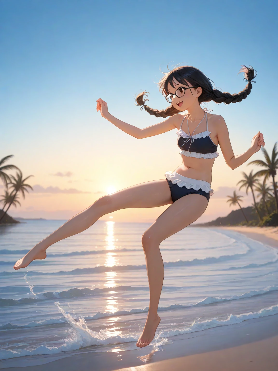 A cute woman is playing volleyball in a sensible beach outfit, high action, having fun