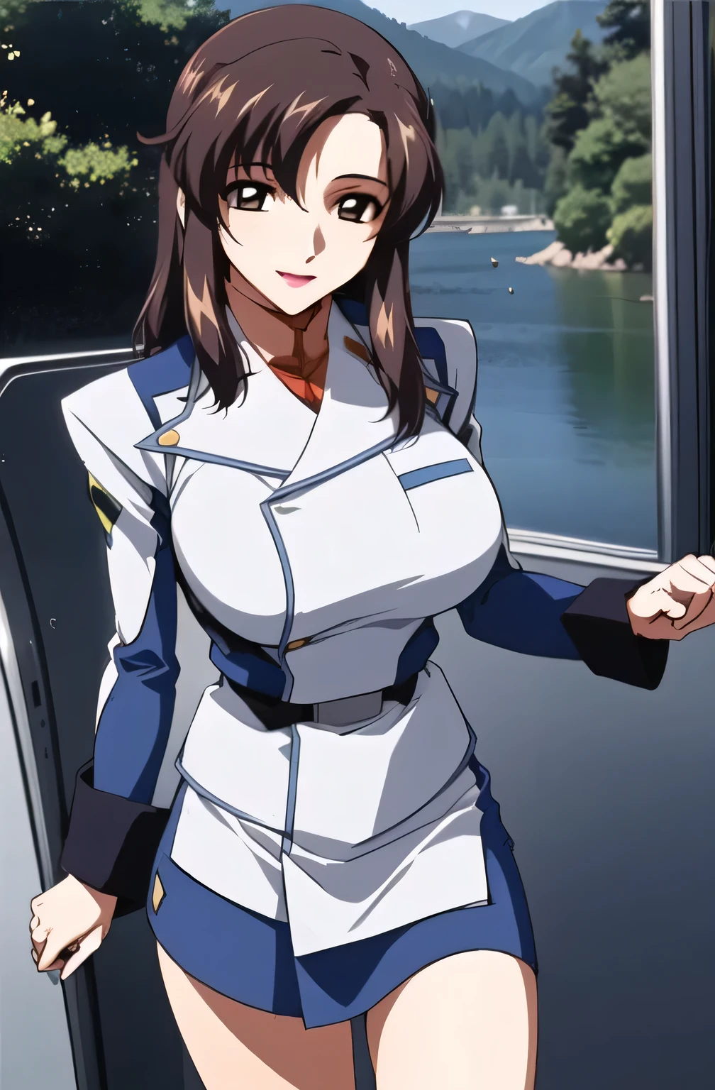 Please draw my facial expression even more delicately,Please draw a woman with a nice smile with a rainbow shining on the lakeside after the rain,I need a face,Accurate representation of hands and legs,sleeveless,,Bare legs,,Please draw a more delicate expression,Can you draw Alone holding a wonderful, , Please draw my big bigger,My waist、has big breasts but is thin,
Military uniform, Military, , blue and white uniform , white pleated miniskirt, Please draw a more delicate expression than a 40-year-old woman with mature appeal,, young woman ,beautiful fingers,