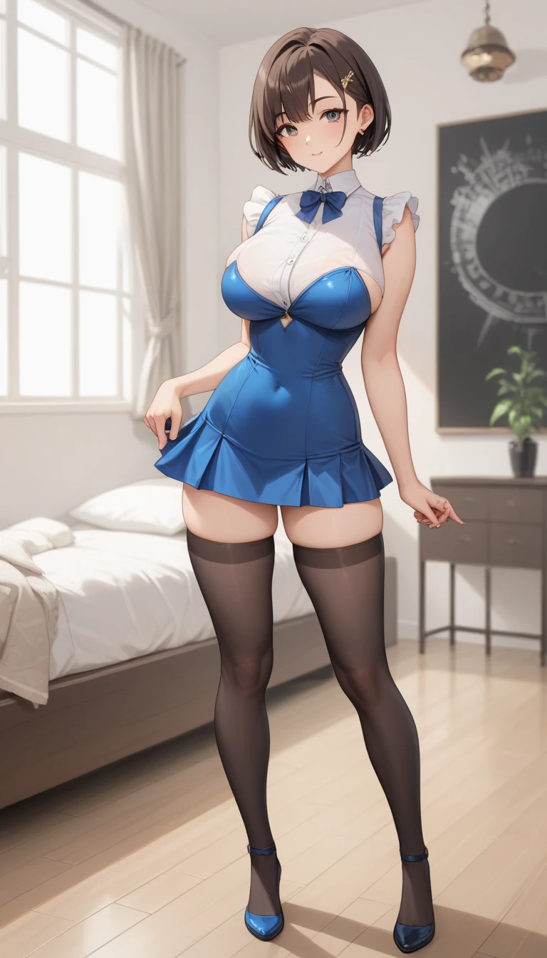 SFW, SLAVE FEMALE, Maid for sale. An African (very black skin) domestic worker for text "US dollar" full body, barefoot, standing straight symmetrical, huge boob(masterpiece, best quality:1.2), smirking smile, red blush, wet body, looking at viewer, hands on hips, twintails, twin drills, dress, blue pantyhose, striped pantyhose, Handcuffs on their hands, With a collar around the neck, slave catgirl ((black choker, shackles on legs and armedroom background (bed, pillow, sheet)
