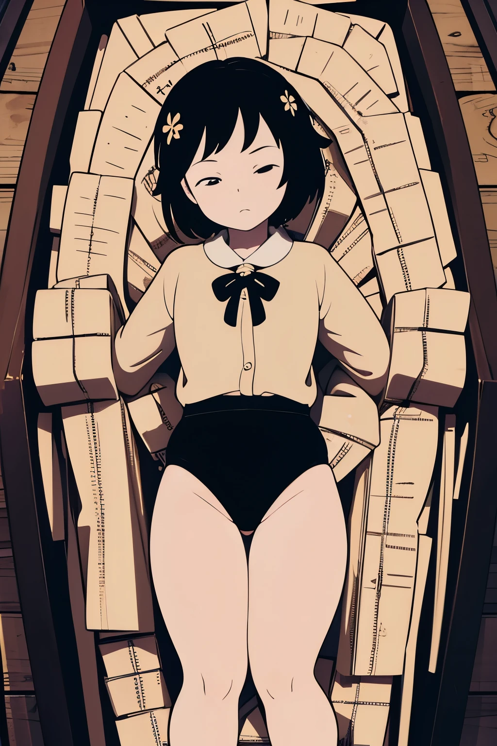 (masterpiece, highest quality), 1 girl, beautiful face, beautiful body, wearing a Black gymnastics bloomers, High leg、white blouse, cowboy shot、lying in a coffin、full body portrait、alone, complex details, enlarged textures, complex details, finely detailed eyes and detailed face, intricate details, (closed mouth), perfect eyes, equal eyes, closed eyes,perfect body, pale skin,extremely detailed, (), extremely realistic 3d,lying in a coffin,morgue,funeral,dead body,wearing a black gymnastics bloomers,high leg,selfwedgie,