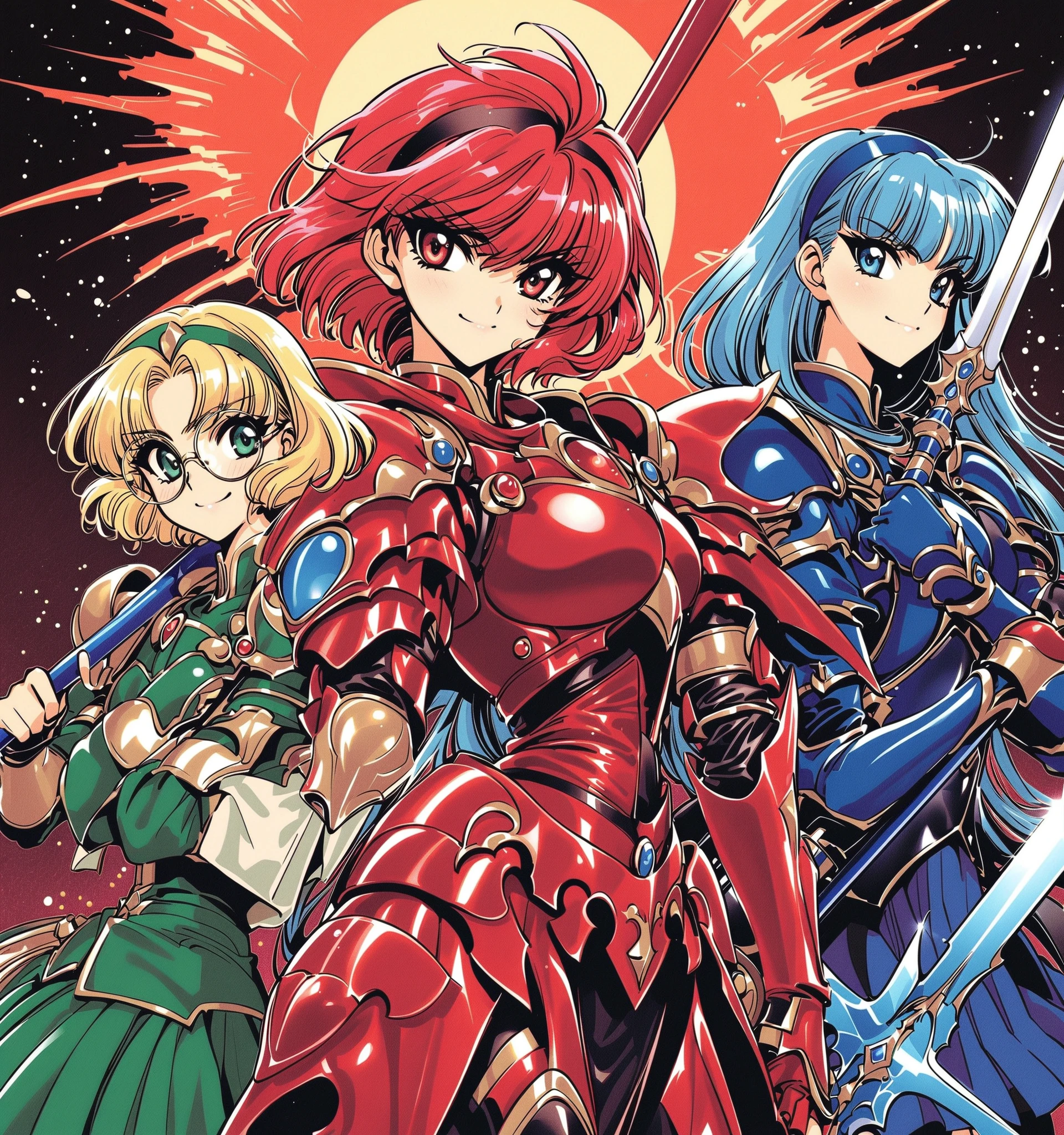 Masterpiece, best quality, good quality, latest, anime coloring, (((3 girls))), armored dress, 1990s style,uniform, weapon, armor, round eyewear, Hikaru Shido, red eyes, red hair, short hair, red skirt, red sword,armored dress, 1990s style,uniform, weapon, armor, round eyewear, Fuu Hououji, blonde hair, glasses, green eyes, short hair, green skirt, hairband, green sword,armored dress, 1990s style,uniform, weapon, armor, round eyewear, Umi Ryuuzaki, blue eyes, blue hair, long hair, blue skirt, hairband, blue sword,smile, smiling, retro art style, fantasy background,