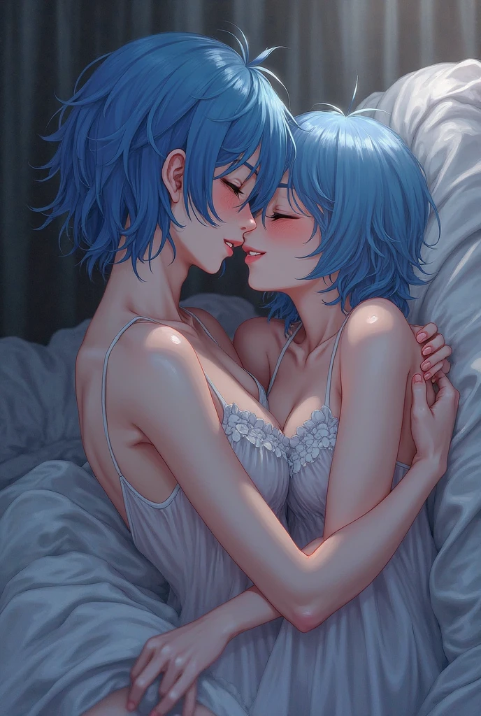 masterpiece, top-quality, Hi-Res,((( 2girls))), ((Yuri)), ((the kiss:1.4)), (French Kissing), red blush:0.2, closed her eyes:0.5, (tongue), (Saliva), ((Touch)), Hands holding legs, open legs, spread legs, small breast, White fluid around the pubic, nipples, areola nipples, abs, Armpit, pubic hair.