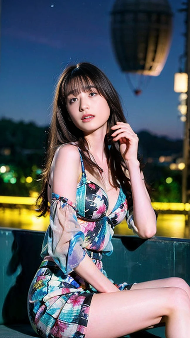 ((Highest quality、Ultra-high resolution、masterpiece、8k))、(Full Body Portrait)、(colorful shirt with collar)、(Geometric pattern long skirt:1.3)、(silk pantyhose)、(She is sitting with her legs together, showing off her beautiful legs and high heels)、(1 girl)、Large Breasts、(Delicate face、Detailed eyes and face、double eyelid、Glossy lips)、Moisturized skin、Highly detailed face and skin texture、Two well-balanced legs、((Perfect ???????、Anatomically correct))、Modern architecture at night on the background、Professional Lighting
