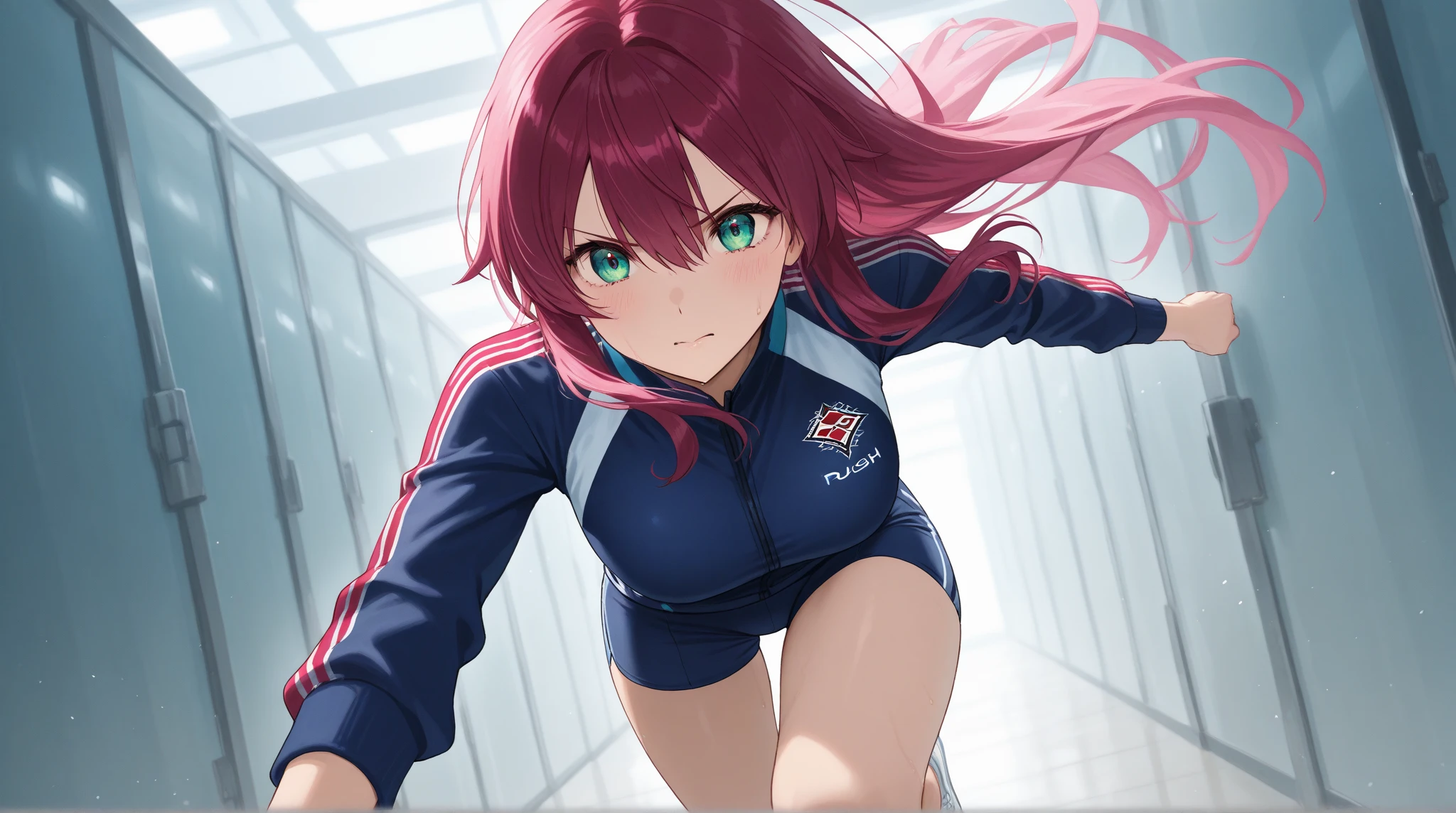 A female college student set in RWBY. (((straight hair))), (((red and white haired))), (((pale blue eyes))), long lashes, (((Detailed face))), (((detailed eyes))), ((square chin)), high cheek bones, shallow cheeks, pale skin. Detailed hands and fingers. curvy body, wide hips, narrow waist. Wearing white and blue leather outfit, leather belts. Fantasy. Stern expression. Show her standing with her hands on her hips, looking to the side. racetrack background. Masterpiece quality, best quality, hd,4k, volumetric lighting