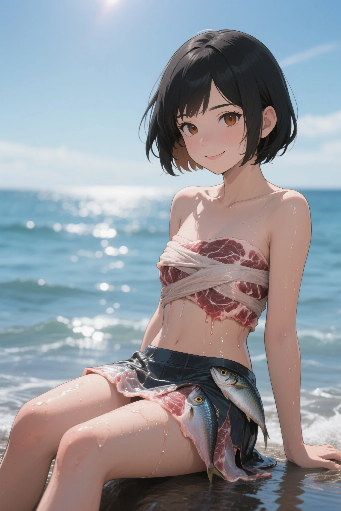 ((masterpiece)), ((best quality)), ((mackerel)), ((in detail)),1 woman, in the middle_E7, , swimsuit, realistic, Beach, wet, ocean, navel, sky, clavicle
