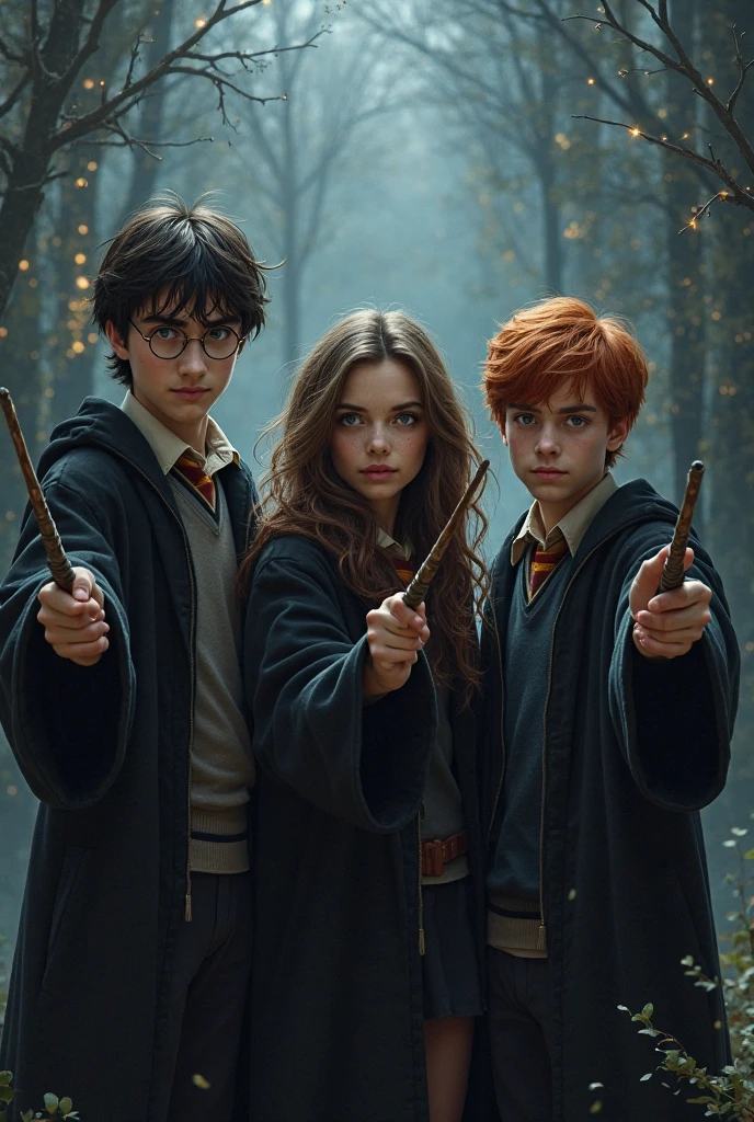 Three young wizards raising wands with determination while the soft light of fireflies flickers among the trees of the forest, Medium camera that moves slowly forward, photorealistic style with magical night lighting.