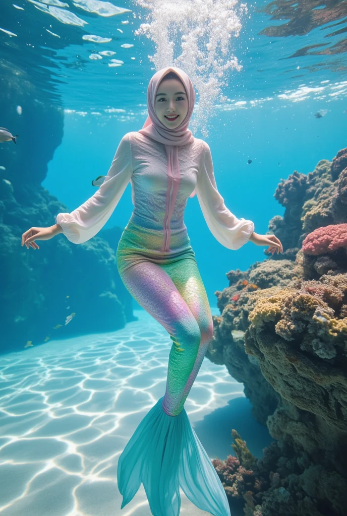 mermaid, water, hijab, blue eyes, pink hijab, full body,