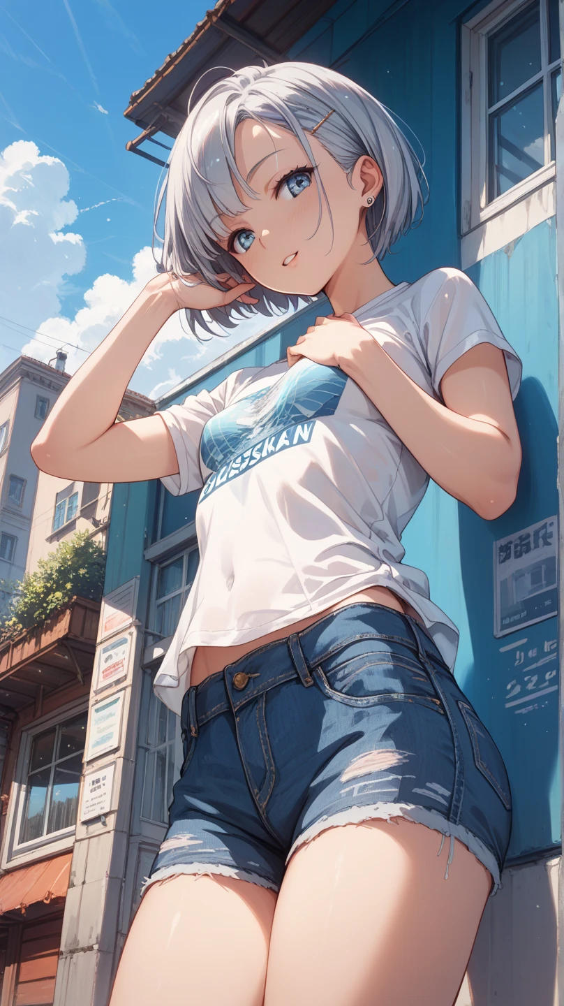 young girl, short gray hair, red-eyes, white tanktop, Upskirt, ssmile, backpack, stocklings, Masterpiece, hiquality