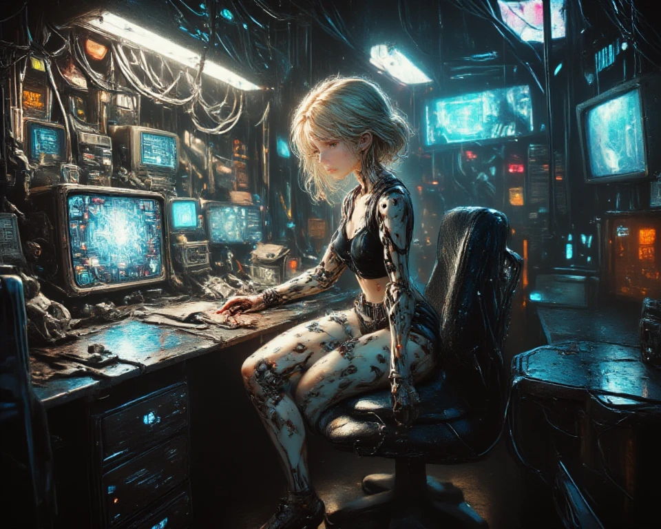 Cyborg Woman, ((Clear Glass body, Glowing Eyes))), Electronic Systems inside body clear to see, Detailed Brain in Sight, Detailed connection wire, mechanical limbs, tubes connected to the mechanical parts, mechanical vertebrae attached to the spine, mechanical cervical attachment to the neck, wires and cables connecting to the head, (((Led on a surgical Bed))), (((Cables Connecting to Monitors))), (((machine installing parts to the head))) | Biopunk | Cybernetics | Cyberpunk | | Canon M50| 100mm| Sharp Focus | Hyperrealism | Very detailed| Intricate Details | Full Body View, small glowing LED lamps, Bright Red Neon Highlights, global lighting, deep shadows, Octane Rendering, 8K, Ultra Sharp, Metal, Intricate Ornament Details, baroque details, Very intricate details, realistic light, CGSoation trend, facing the camera, neon details, (android manufactory in background)