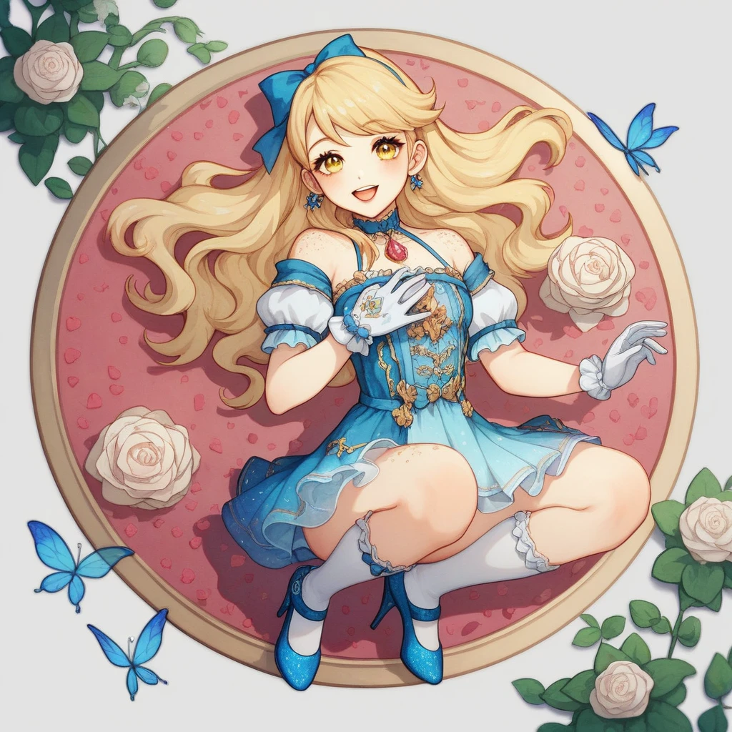 a beautiful 20 year old blonde woman with big messy hair in a blue dress, white stockings, black headband, cleavage, fantasy art style, rossdraws cartoon vibrant, alice x. zhang, alice in wonderland cyberpunk, cute detailed digital art, colorfull digital fantasy art, digital fantasy art ), glossy digital painting, rossdraws pastel vibrant, rossdraws 2. 5, rossdraws 1. 0