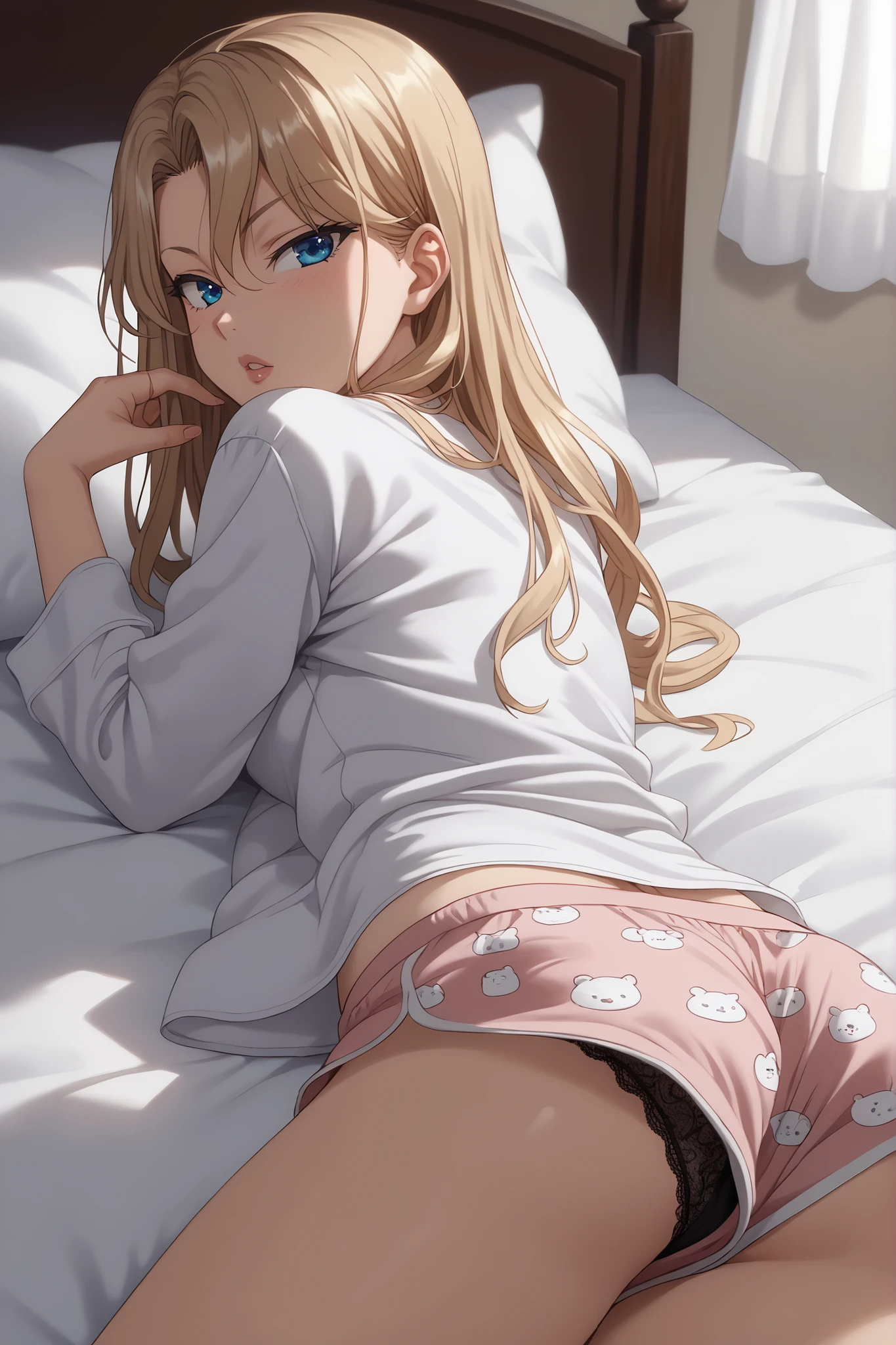 Reika Kurashiki ,upshorts, looking at the black panties, cabelo loiro , detailed blue eyes, camisa, lace bra, character with back, wide pajamas showing the panties,toupeira curta , very loose white pajamas,,wide pajamas showing most of the panties, Short and tight pajamas,Pajama shorts with folds around the edges,shirt longer than pajamas,shorts under the shirt