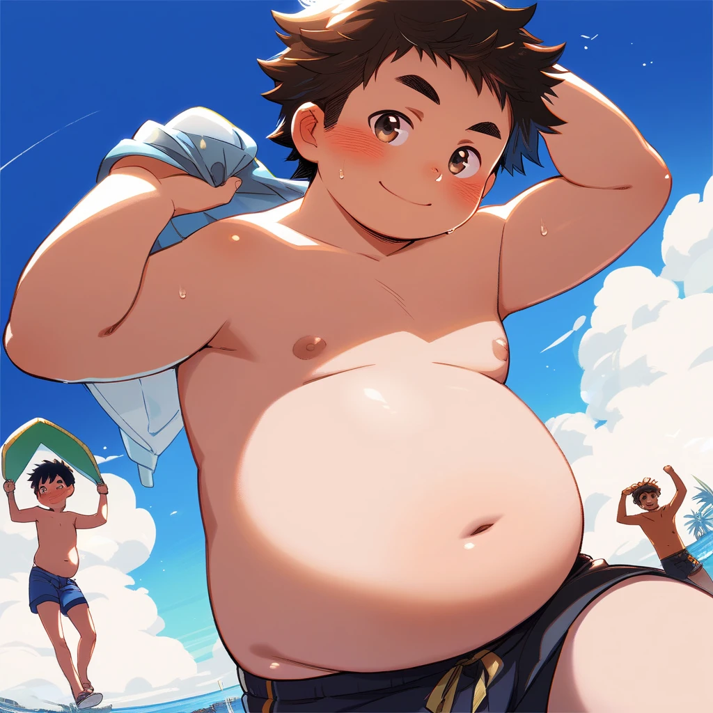 ((androgynos)), beautiful, (very short hair), (pudgy face), nipples, (belly button), ((boyish)), (cute), (chubby), belly, (sexly), (thick), (beefy), ((mischievous)), (handsome), muscular, (naughty smile), (Canines are visible), (swimsuits), (in beach), (Peeping), (Open your mouth), (Crouch down)
