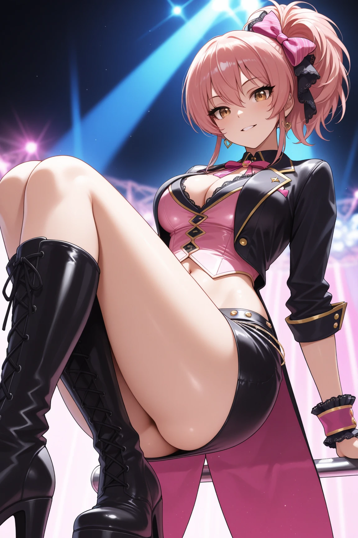((medium chest, tomboyish girl, small head)), daylight, sunlight, (perfect body: 1.1), (young), (short wavy hair: 1.2), choker, full body photo, sheer panties , ((wearing a pink sheer sheer short top)), ((miniskirt)), (extremely detailed 8k CG wallpaper), (an extremely delicate and beautiful piece), (masterpiece), (best quality: 1, 0), (high resolution: 1.0) , beautiful lighting, hard nipple, camel&#39;s foot, perfect lightning, pulled skirt, realistic shadows, [highres], detailed skin, ultra-detailed, open thigh, one leg up, squatting on the floor, black thigh-highs, red high heels, big earring, thighs, (((colorful))), (loosely worn top), beauty mark, low angle --auto --s2