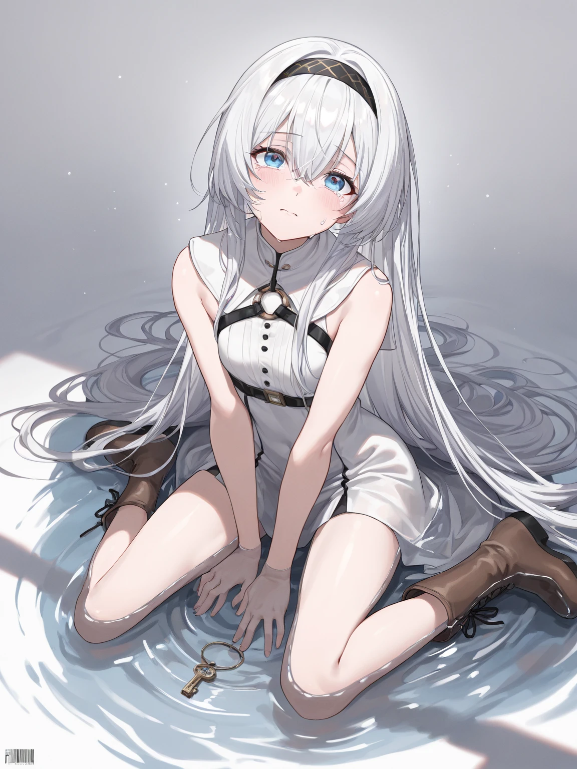 white long straight hair, pretty, barefoot, blue eye, chain collar, white skin, wet, shy, best quality, chain, black swimsuite, young, dirty water