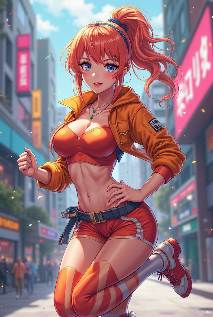 Draw a manga-style character with a physical appearance with this form of the hair Orange with black highlights, tied into glow two ponytails shaped like , Pink color eyes, bright, and expressive and Build Slim and athletic, Attire Upper Body White leather jacket with cyberpunk details, such as integrated LED lights or futuristic lines, Lower Body Sporty bikini in orange, white, and black colors, blending with the cyberpunk style while allowing freedom of movement for physical activities, Personality Creative and curious Always seeking new experiences and forms of expression, Her creative mind drives her to constantly explore new ideas and concepts,glow bikini suggestive, white skin girl,smile coquette, small , ojos color rosa, mini skirt, full body